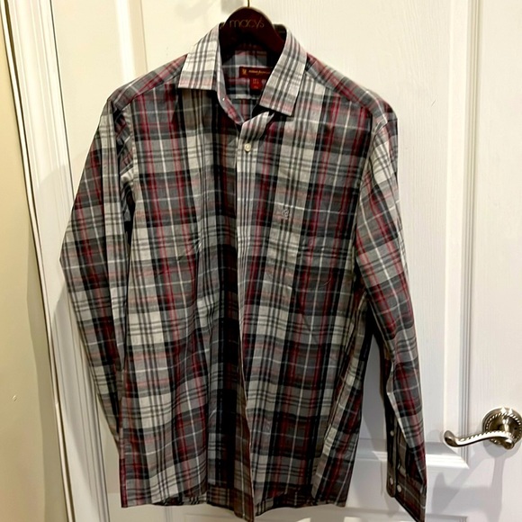 Kinloch Anderson Scotland Men’s Long Sleeve Red Gray Tartan Plaid size 16.5 - Picture 1 of 6